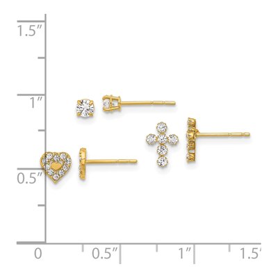 14K Yellow Gold 3-Pair CZ Cross Heart Stud Set – view 4