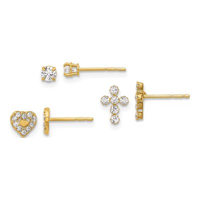 14K Yellow Gold 3-Pair CZ Cross Heart Stud Set