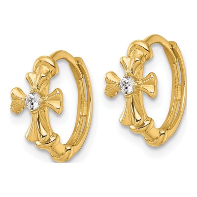 14K Yellow Gold 13mm CZ Cross Huggie Hoop Earrings – view 3