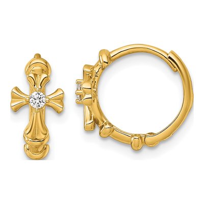 14K Yellow Gold 13mm CZ Cross Huggie Hoop Earrings