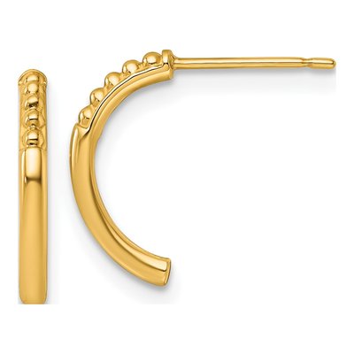 14K Yellow Gold 12mm Beaded J- Hoop Earrings