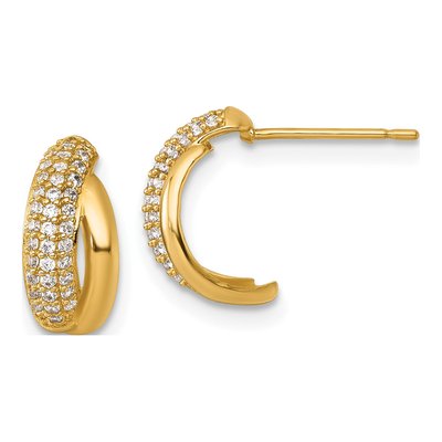 14K Yellow Gold 12mm CZ Pave J- Hoop Earrings