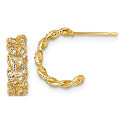 14K Yellow Gold 13mm CZ Curb Link C- Hoop Earrings