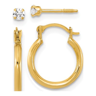 14K Yellow Gold Hoop & CZ Stud Earring Set
