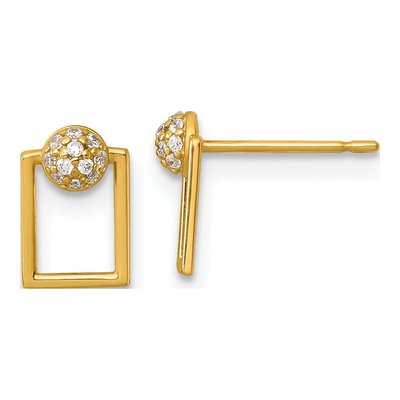 14K Yellow Gold Round CZ Open Rectangle Stud Earrings