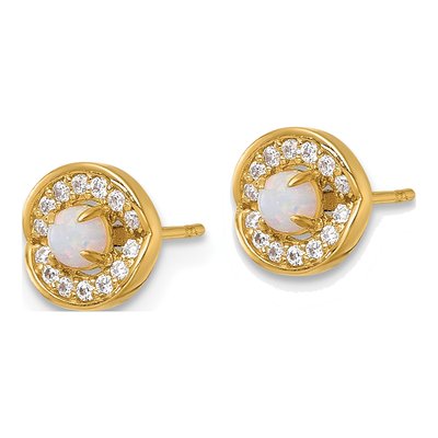 14K Yellow Gold Round Opal & CZ Halo Stud Earrings – view 3