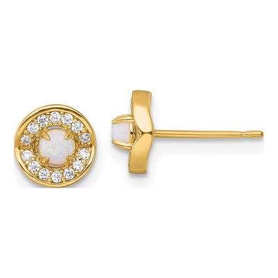 14K Yellow Gold Round Opal & CZ Halo Stud Earrings