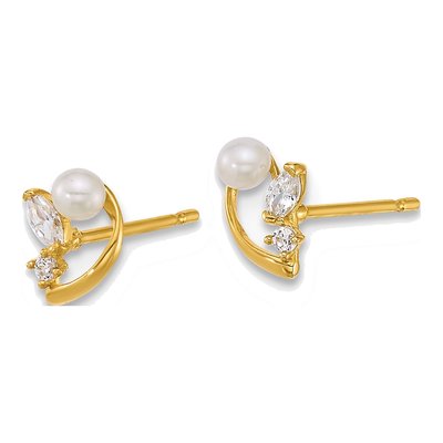 14K Yellow Gold Freshwater Cultured Pearl & CZ Button Stud Earrings – view 2