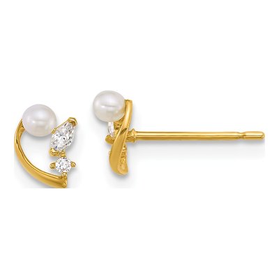 14K Yellow Gold Freshwater Cultured Pearl & CZ Button Stud Earrings