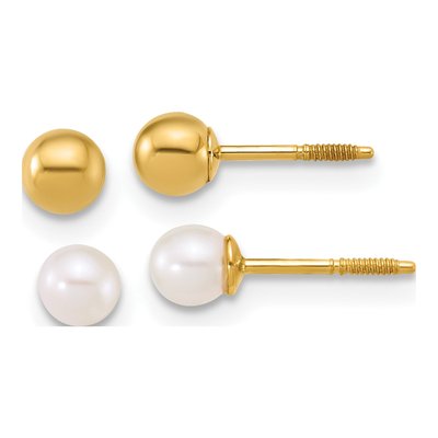 14K Gold Ball & Pearl Screwback Earrings Set of 2