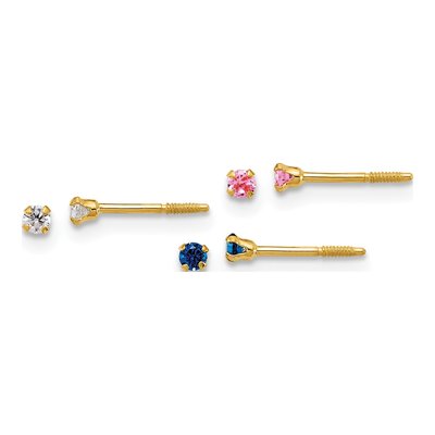 14K Gold 2mm CZ Screwback Stud Earrings, Set of 3
