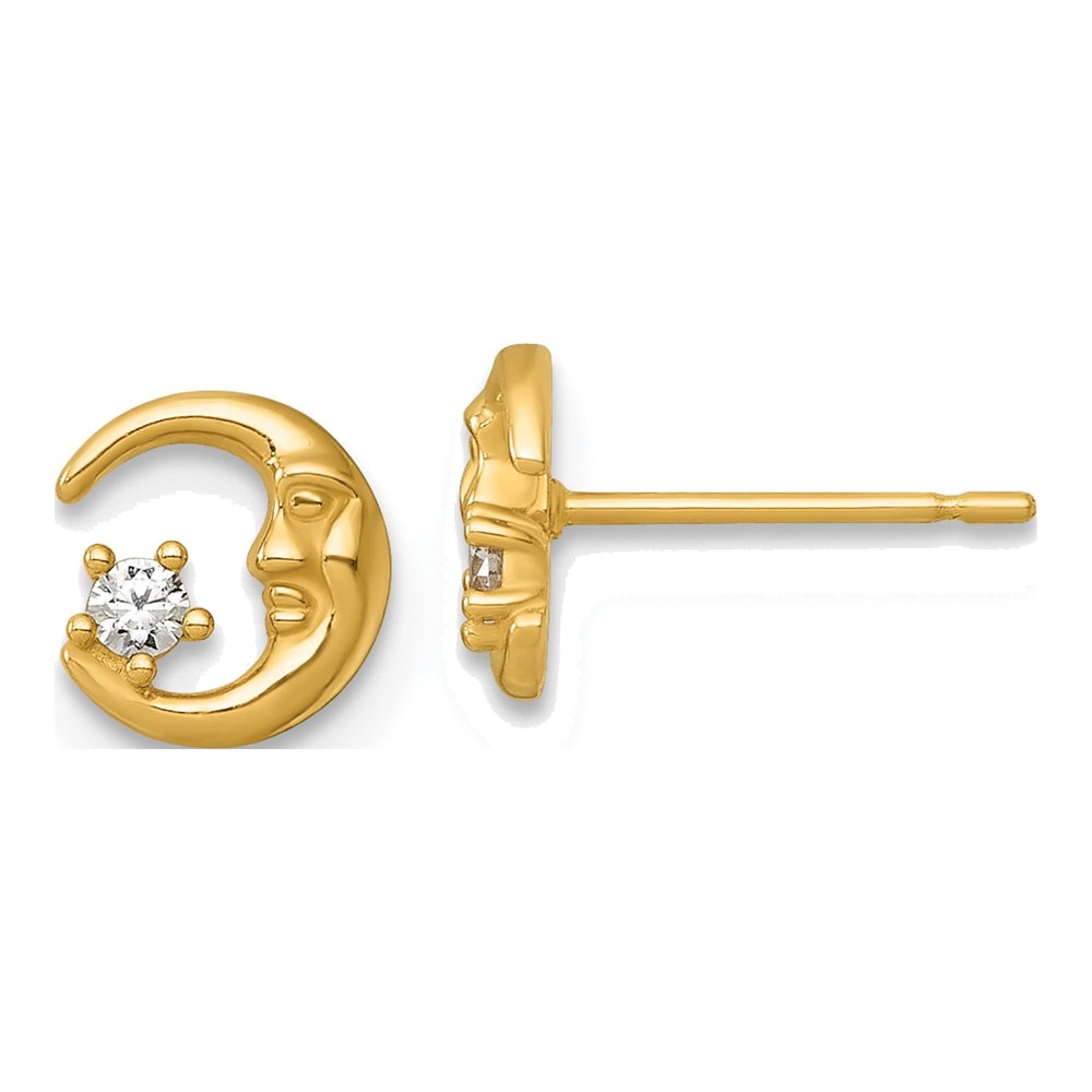 14K Polished Cz Moon With Face And Star Post Earrings