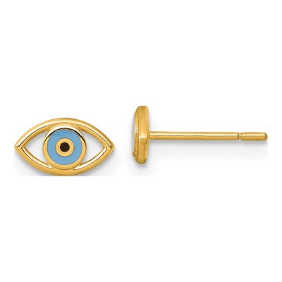14K Yellow Gold Blue Black Enamel Evil Eye Stud Earrings