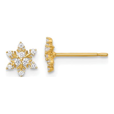 14K Yellow Gold Round CZ Snowflake Stud Earrings