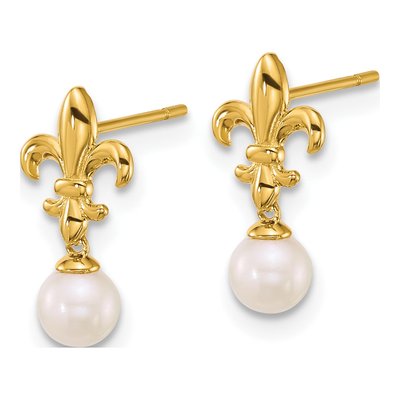 14K Yellow Gold Freshwater Cultured Pearl Fleur de Lis Dangle Earrings – view 2