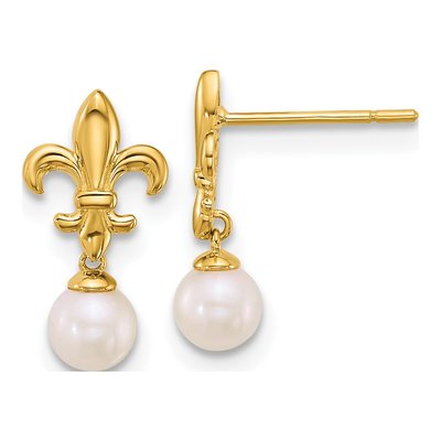 14K Yellow Gold Freshwater Cultured Pearl Fleur de Lis Dangle Earrings