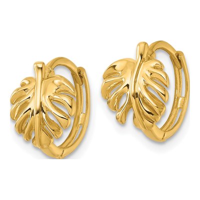14K Yellow Gold 14mm Monstera Leaf Huggie Hoop Earrings – view 3