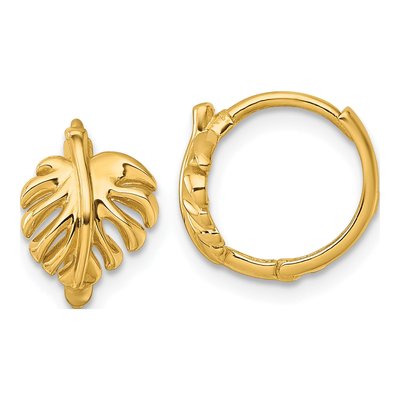 14K Yellow Gold 14mm Monstera Leaf Huggie Hoop Earrings