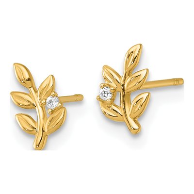 14K Yellow Gold Round CZ Leaf Stud Earrings – view 3