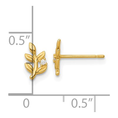 14K Yellow Gold Round CZ Leaf Stud Earrings – view 4