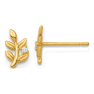 14K Yellow Gold Round CZ Leaf Stud Earrings