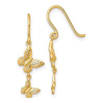 14K Yellow Gold Double Butterfly Dangle Earrings