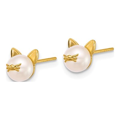 14K Yellow Gold 5.1mm Round Freshwater Cultured Pearl Cat Stud Earrings – view 2