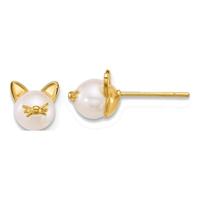 14K Yellow Gold 5.1mm Round Freshwater Cultured Pearl Cat Stud Earrings