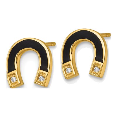 14K Yellow Gold Round CZ Enamel Horseshoe Stud Earrings – view 3