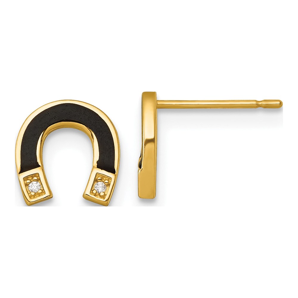 14K Polished Black Enamel And Cz Horseshoe Post Earrings