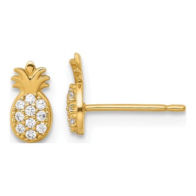 14K Yellow Gold Round CZ Pineapple Stud Earrings
