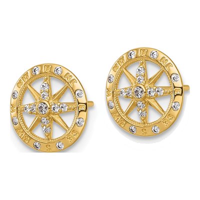 14K Yellow Gold Round CZ Compass Stud Earrings – view 3