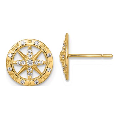 14K Yellow Gold Round CZ Compass Stud Earrings