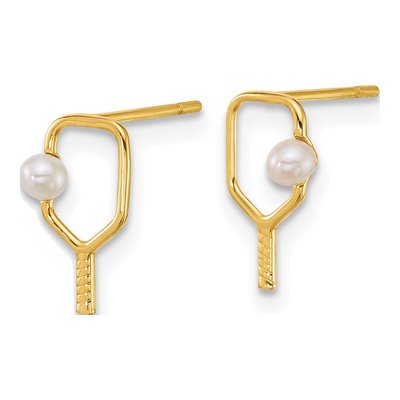 14K Yellow Gold Round Freshwater Cultured Pearl Pickleball Paddle Stud Earrings – view 2