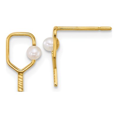 14K Yellow Gold Round Freshwater Cultured Pearl Pickleball Paddle Stud Earrings