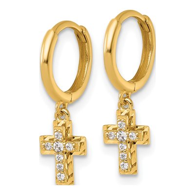 14K Yellow Gold 9.5mm CZ Cross Huggie Hoop Earrings – view 3
