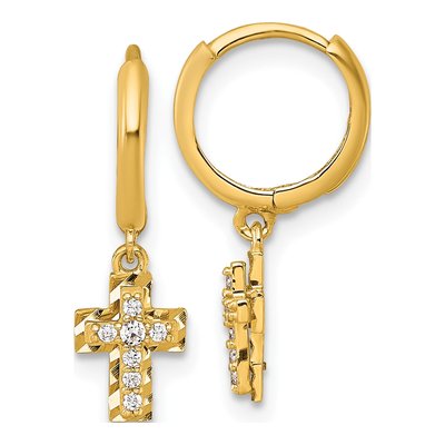 14K Yellow Gold 9.5mm CZ Cross Huggie Hoop Earrings