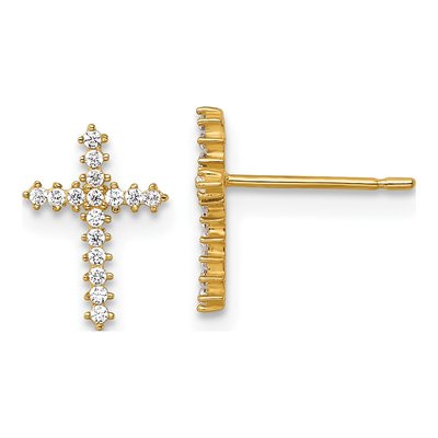 14K Yellow Gold Round CZ Latin Cross Stud Earrings