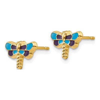 14K Yellow Gold Blue Enamel Dragonfly Stud Earrings – view 3