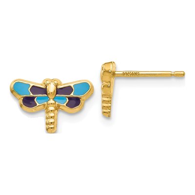14K Yellow Gold Blue Enamel Dragonfly Stud Earrings