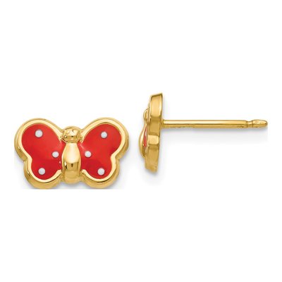 14K Yellow Gold Red Enamel Butterfly Stud Earrings