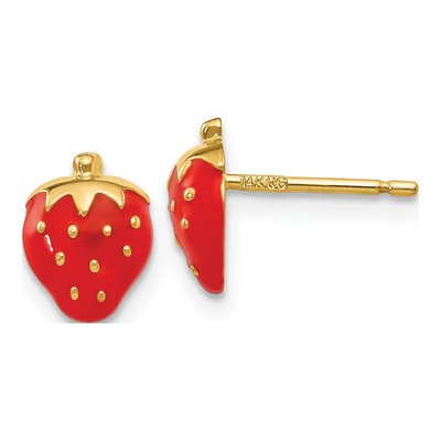 14K Yellow Gold Red Enamel Strawberry Stud Earrings