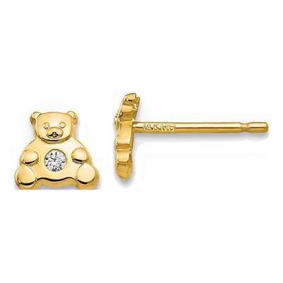 14K Yellow Gold CZ Bear Stud Earrings