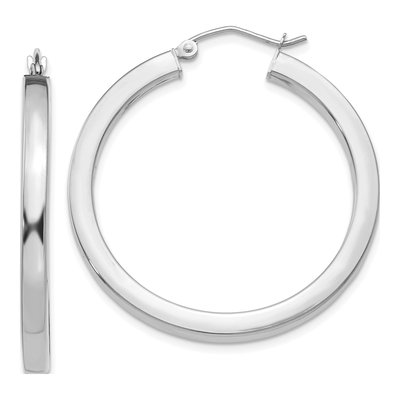 14K White Gold 35mm Square Tube Hoop Earrings