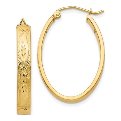 14K Yellow Gold 19mm Diamond-Cut Oval Hoop Earrings